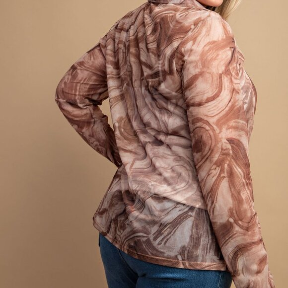 NEW Sheer Cream Mocha Swirl Button Down Ruched Long Sleeve Blouse Top PLUS SIZE - Picture 5 of 8